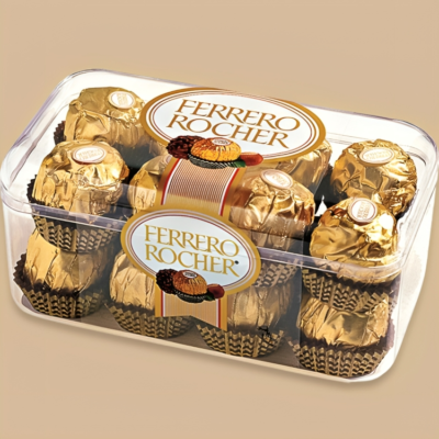 An elegant box of 16 Ferrero Rocher chocolates, a symphony of rich hazelnut and chocolate indulgence.