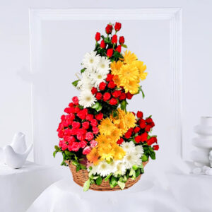 A vibrant floral arrangement featuring 15 Yellow Gerberas, 15 White Gerberas, 30 Red Roses, and 30 Pink Roses, accented with green Asparagus fillers, presented in a cane basket with three cane stick fillers.