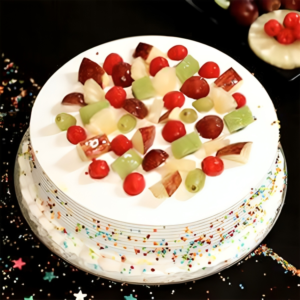 a cut fruit cake, a tantalizing blend of vibrant, juicy fruits nestled within a moist and delectable cake. This delightful creation offers a symphony of flavors, combining the sweetness of ripe fruits with the soft texture of a freshly baked cake.