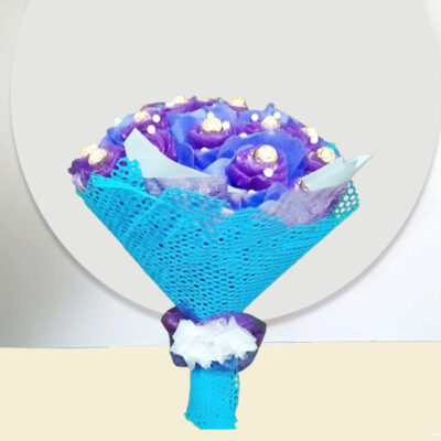 A charming bouquet featuring 16 Ferrero Rocher chocolates wrapped in blue and white non-woven paper.
