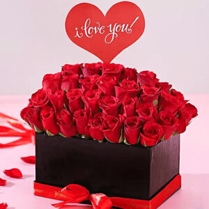 An extravagant display of 64 premium, unscented red roses, housed in a sleek black rectangle box and tied elegantly with a red satin ribbon. A striking expression of love and sophistication.