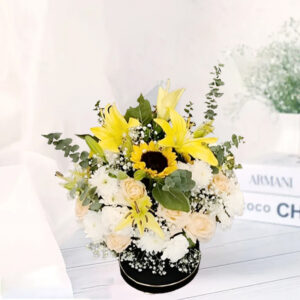 An elegant floral arrangement featuring 2 Yellow Asiatic Lilies, 8 White Roses, 8 White Carnations, 8 White Gerberas, and 1 Yellow Sunflower or Yellow Gerbera, adorned with white Gypsophila and fig fillers, presented in a black box.