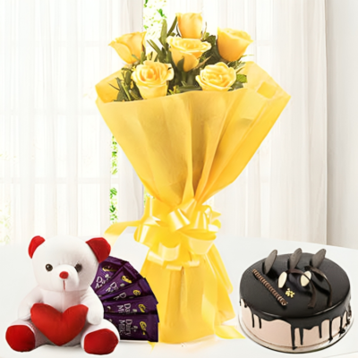 A delightful arrangement featuring 6 vibrant yellow roses complemented by lush green leaf fillers, elegantly wrapped in yellow non-woven packing paper. The bouquet is adorned with a sweet touch - 5 Cadbury Dairy Milk chocolates (11.8 gms each), skillfully tied with a bright yellow ribbon.