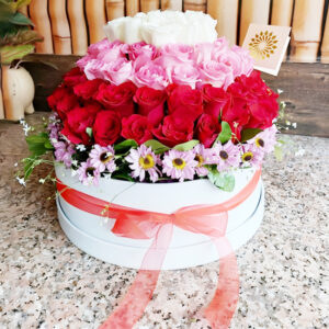 An opulent floral arrangement featuring 36 premium, unscented red roses, 28 light pink roses, 16 white roses, and 4 light pink daisies, adorned with gypsy fillers.