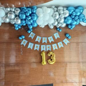 Celebrate in style with our vibrant assortment of metallic and pastel balloons, including 30 silver metallic balloons, 40 dark blue metallic balloons, and 40 white pastel balloons. Accompanied by a festive "Happy Birthday" banner and customizable digit foil balloons to suit your occasion.