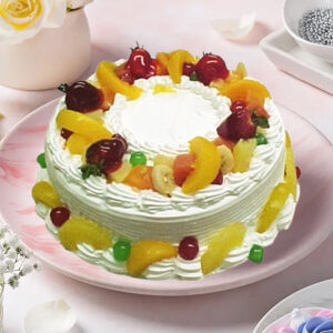 Indulge in our delightful Fresh Fruit Cream Cake available in round shape and weights of half kg, 1 kg, or 2 kg.
