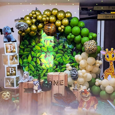 our delightful assortment of balloons and decorations. This charming ensemble includes 40 green normal balloons in both small and big sizes, 40 cream normal balloons in varying sizes, and 40 golden metallic balloons to add a touch of glamour.