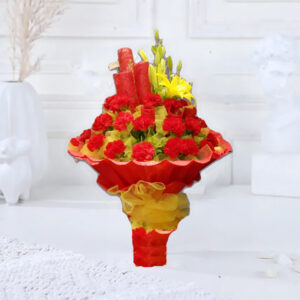 A vibrant bouquet featuring 40 red Carnations and 2 yellow Lilies, wrapped in red jute packing paper and accented with red and yellow non-woven packing sheets, tied with a yellow net ribbon bow and adorned with green fillers.